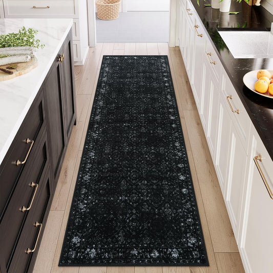 Vintage Black Washable Hallway Runner Rug, 2.6x8 Non Slip Runnersfor Hallways Entrance Indoor,Extra Long Kitchen Rug Runner, Soft Floor Carpet for Entry Laundry Bedroom (2'6"x8', Black)