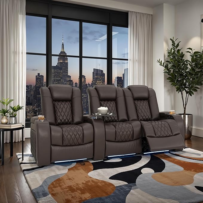 Seatcraft Diamante Zero-Gravity CoolZero Italian Leather Home Theater Seating, Power Headrest, Power Recline, Row of 3 Right Loveseat, Brown