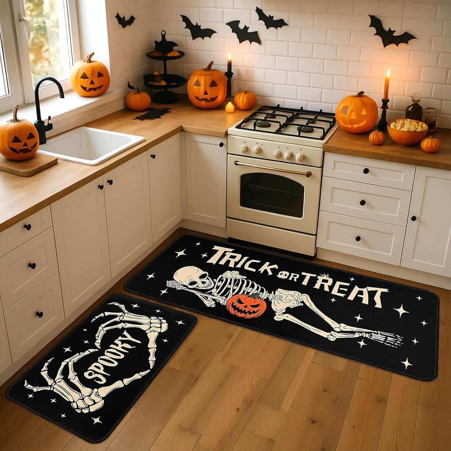2 Piece Halloween Kitchen Decor Rugs Set,Skeleton Kitchen Rugs and Mats Non Skid Washable Absorbent Kitchen Accessories Decoration Floor Mats 17"x47"+17"x30"
