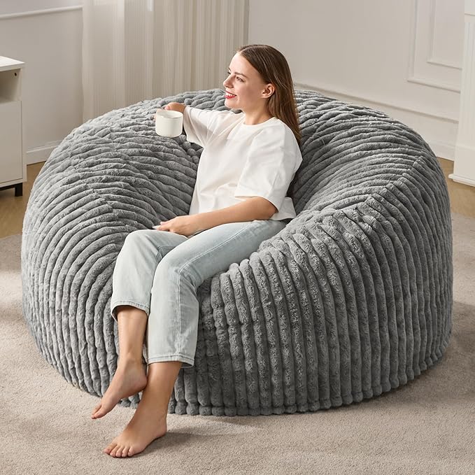 Hobestluk 5ft Bean Bag Chairs for Adults Large Beanbag Chair with Stripe Plush Cover Big Bean Bag Chair for Living Room Bedroom Dorm Office -Grey (50” x 50” x 24”)