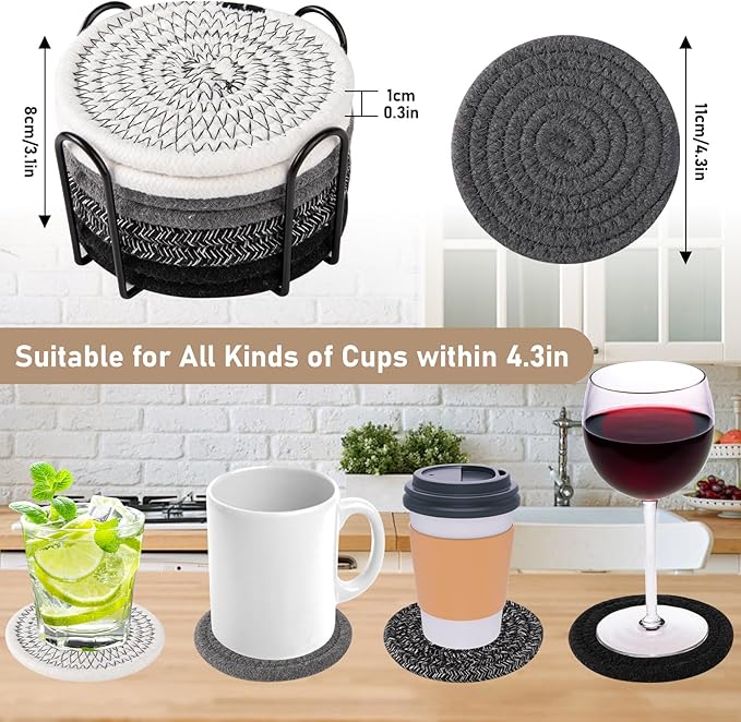 OIAHOMY 8 Pcs Coasters with Holder, Coasters for Drinks, Woven Cotton Absorbent Coaster Set for Kinds of Cups, Housewarming Gifts for Home Decor -Black