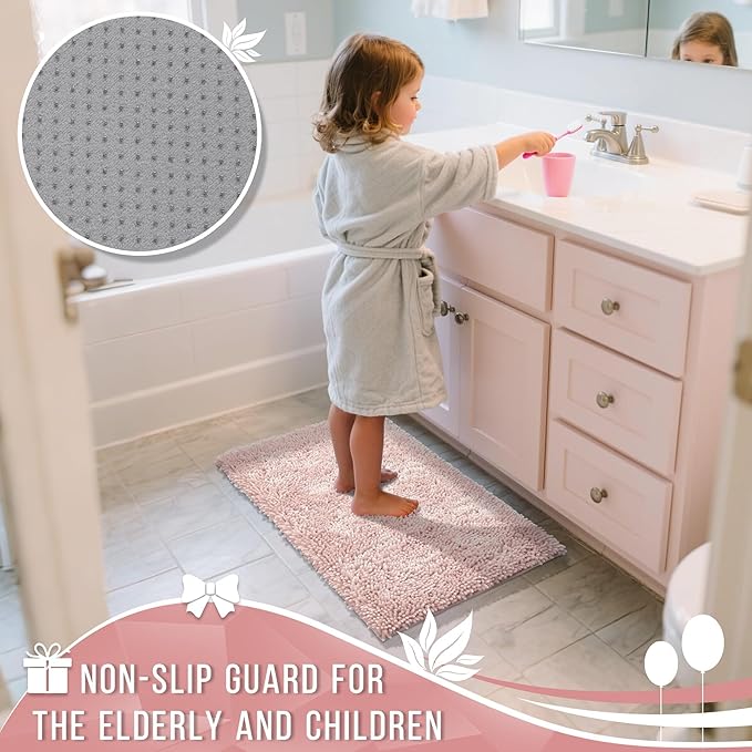 Yimobra Long Bathroom Rug Non Slip 44x24 Inch, Extra Thick Soft Absorbent Chenille Bath Mat, Machine Washable Quick Dry Bath Rugs for Bathroom Floor, Tub and Shower, Home Decor Accessories, Pink