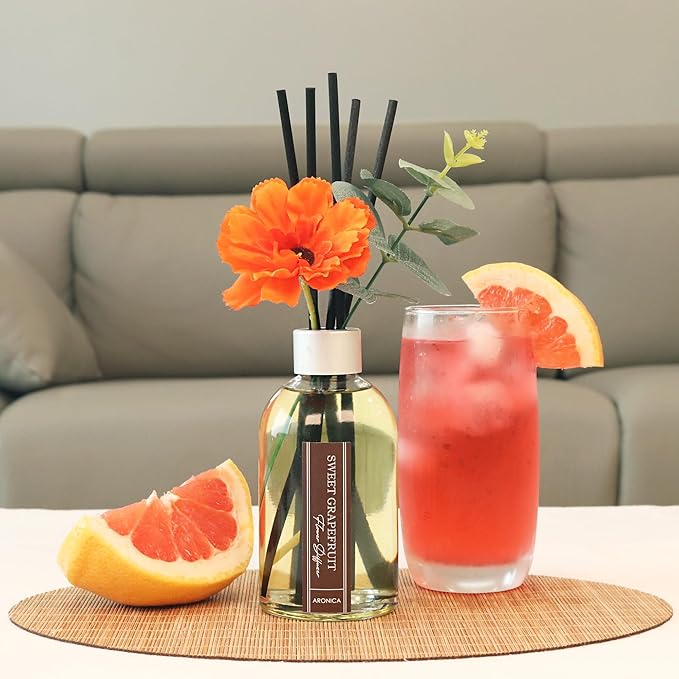 Aronica Grapefruit Reed Diffuser, Room Scent Diffuser with Red Flower, Difusor De Varillas, Aesthetic Room Decor, Apartment House Bathroom Essentials, Air Fresheners for Home Long Lasting
