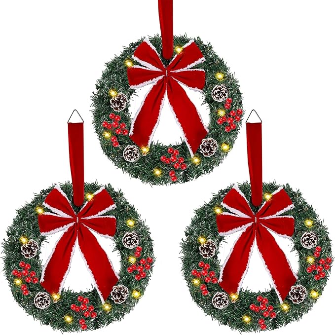 Hausse Set of 3 Christmas Wreaths, Lighted Artificial Christmas Wreath with LED Lights & Large Red Bow Ornaments, 8 Modes & Timer, Battery Operated for Front Door Gate Wall Xmas Party Decorations