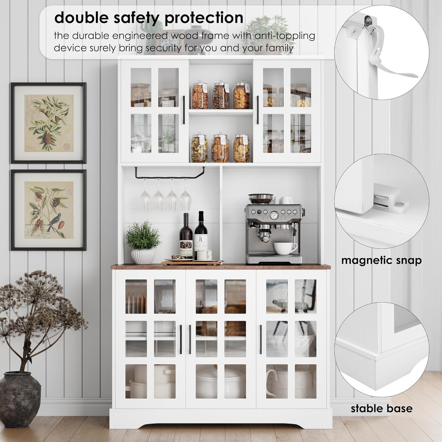 Keyluv Kitchen Pantry Storage Cabinet 71" Tall Freestanding Pantry Cabinet, Farmhouse Glass Door Buffet with Oven Countertop, Large Wood Hutch for Kitchen, Living Room and Dining Room, White