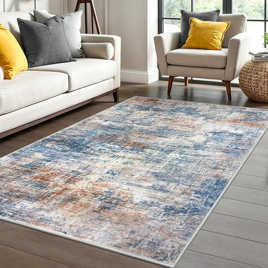 IOHOUZE Abstract Area Rug 4x6 Ft Washable Rugs for Entryway Indoor, Non Slip Small Living Room Rugs Printed Faux Wool Throw Rug, Floor Carpet for Kitchen Nursery Playroom, Blue Rust