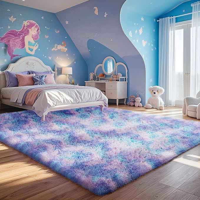 Ophanie Rainbow Purple Mermaid Rugs for Living Room 5x8, Fluffy Shag Fuzzy Plush Soft Carpets, Floor Shaggy Area Rugs for Bedroom, Carpet for Kids Girls Dorm Nursery Home Decor Aesthetic