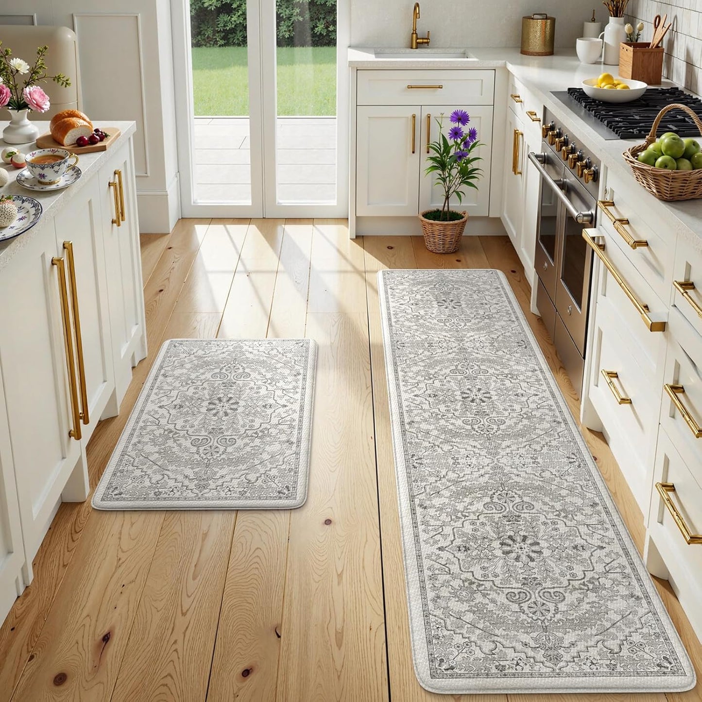 KIMODE Kitchen Mats for Floor Anti Fatigue, Boho Vintage Kitchen Rugs, Cushioned Kitchen Floor Mats, Comfort Standing Mat, Padded Kitchen Floor Mat for Sink Laundry Office Desk 20"x71"+20"x32" Grey