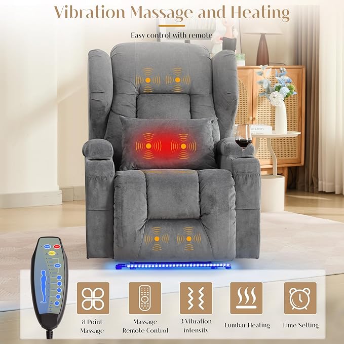 Wall Hugger Power Recliner Chair, Home Theater Seating Electric Recliing Sofa with Massage & Heat, Cup Holder, USB Port, LED Ambient Light, Storage for Living Room (Grey, 3 Chairs)