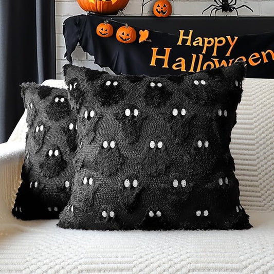 4TH Emotion Halloween Ghost Decorative Pillow Covers 18x18 Set of 2, Black Soft Plush Faux Fur Farmhouse Throw Cushion Cases for Fall Autumn Holiday Home Decorations