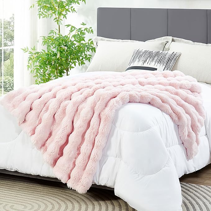 JONIYEAR Decorative Bubble Faux Rabbit Faux Fur Blanket Twin Size 60" x 70", Oversized Soft Double Sided Cozy Thick Warm Fuzzy Throw for Winter,Lovely Cute Washable Furry Blankets for Women Girl, Pink