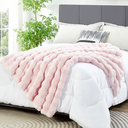 JONIYEAR Decorative Large Pink Bubble Faux Rabbit Fur Bed Blanket Full Size 70" x 80",Double Sided Soft Cozy Accent Warm Furry Blanket for Winter,Lovely Cute Big Washable Fuzzy Blankets for Women Girl