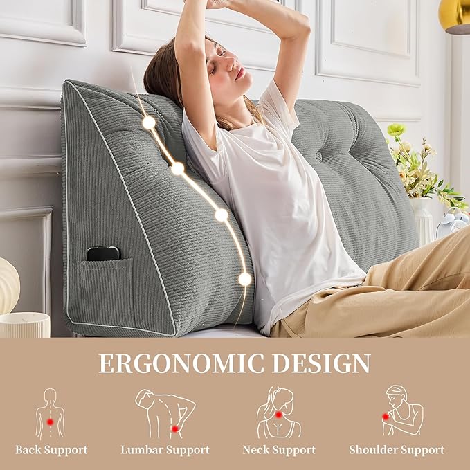 Sasttie Headboard Pillow Full, Wedge Pillow Headboard for Sitting Up in Bed, Back-Rest Support Triangular Cushion for Reading - Features Removable Washable Cover, Light Grey