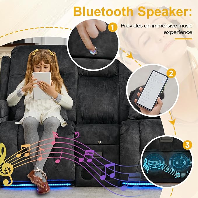 IPKIG 67" Power Reclining Loveseat Sofa, Electric Home Theater Seating with Console/4 Colors Ambient Lighting/Bluetooth Speakers/USB Ports/Built-in Outlets (Grey, Loveseat Recliner)