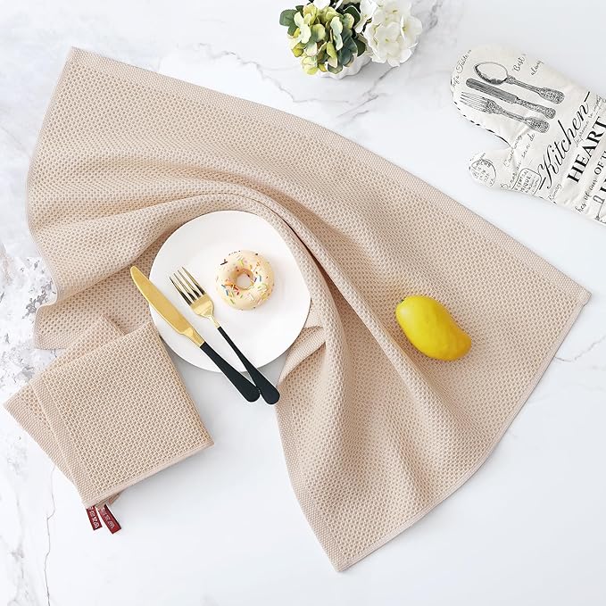 Homaxy 100% Cotton Kitchen Towels and Dishcloths Set, Large 12 x 12 Inches and 20 x 28 Inches, Set of 8 Bulk Kitchen Towels Set, Ultra Soft Absorbent Dish Cloths for Washing Dishes, Beige