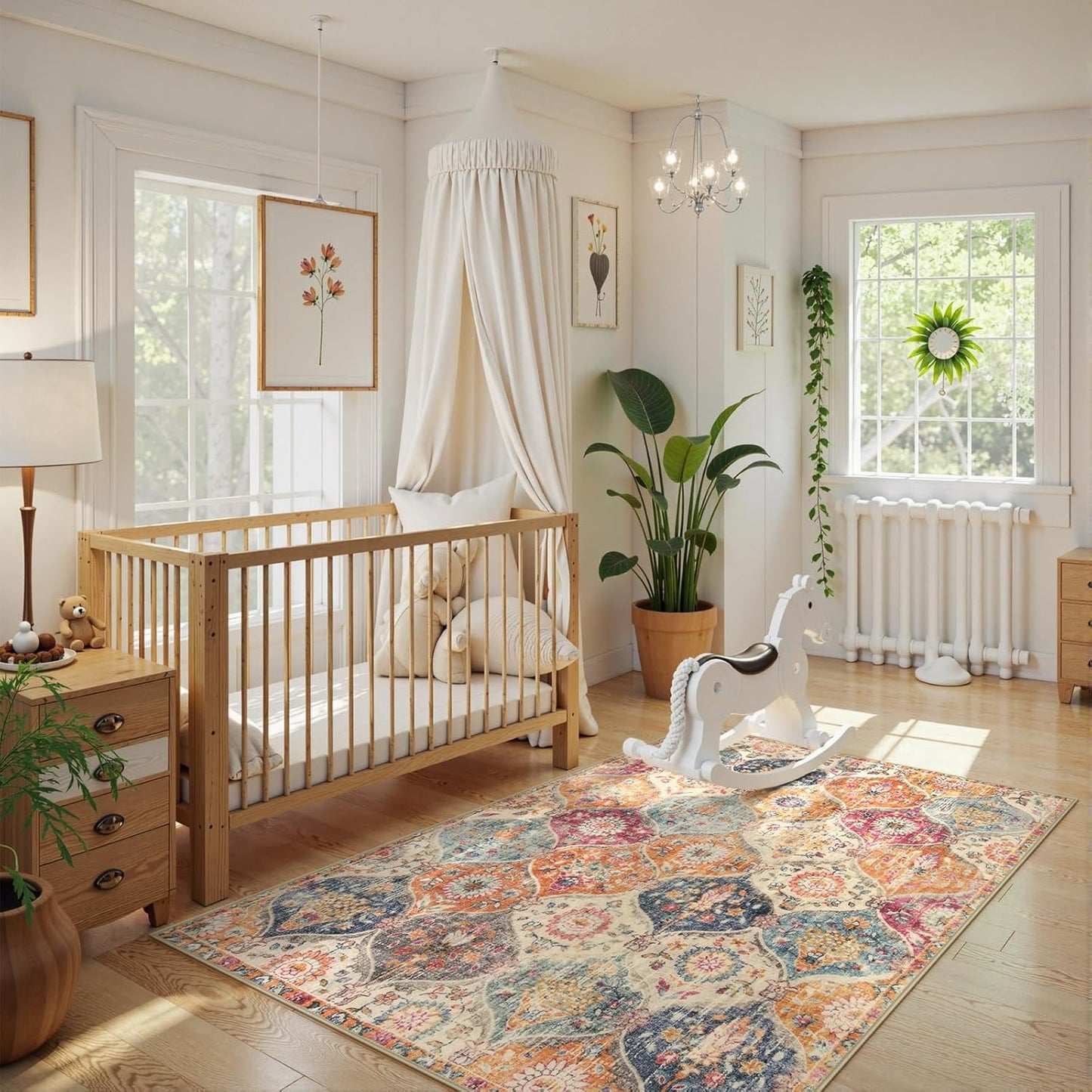 Lahome Moroccan Machine Washable Rugs for Living Room, 4x6 Rug for Bedroom Non-Slip Vintage Trellis Ultra-Thin Throw Carpet for Dining Room Office Nursery, Cream/Multi