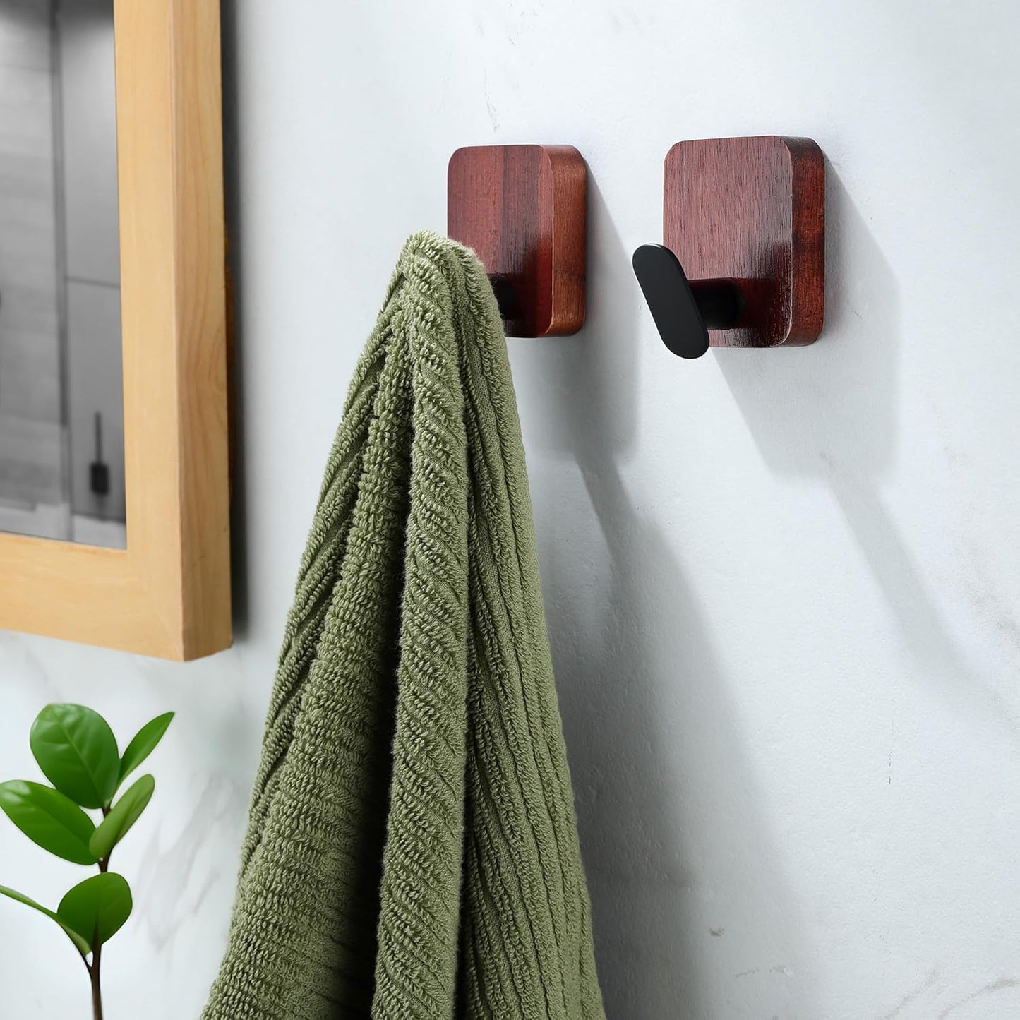 DELITON Acacia Wooden Towel Hooks Red Brown, 4 Pack Sticky Hooks for Hanging Towels, Coat, Hat, Robe, Heavy Duty, No Damage