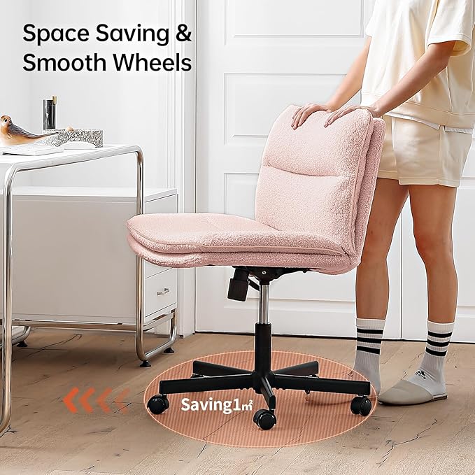 EMIAH Pink Criss Cross Armless Office Desk Chair with Wheels, Faux Fur, Comfy Mid-Back, Swivel, for Home Office