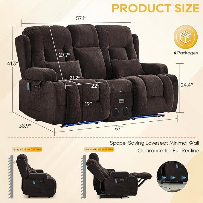 IPKIG 67" Power Reclining Loveseat Sofa, Electric Home Theater Seating with Console/4 Colors Ambient Lighting/Bluetooth Speakers/USB Ports/Built-in Outlets (Coffee, Loveseat Recliner)