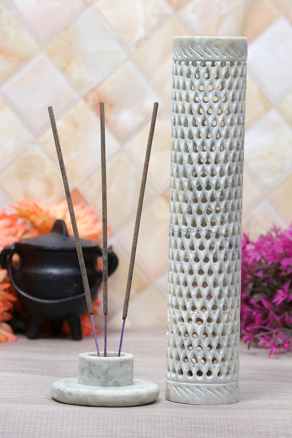 Crocon Handmade Incense Tower Candle Stick Holder Soapstone Tea Light Tower Burner | Candles Stand |Office Decor Room Fragrance Decorative Kitchen Home Spa Great Gift Set - 11X3X3 Inch