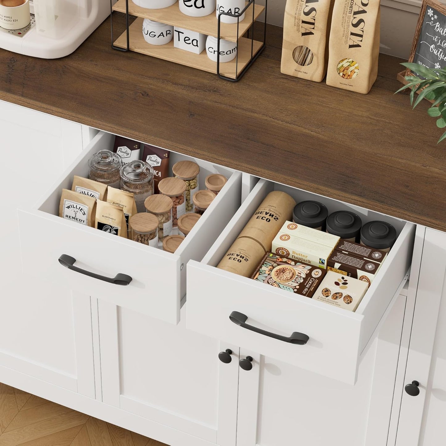 HORSTORS 55" Buffet Cabinet with Storage, Kitchen Buffet Sideboard with Drawers, Large Storage Cabinet with Doors and Shelves, Modern Farmhouse Coffee Bar for Kitchen, Dining Room, Living Room, White