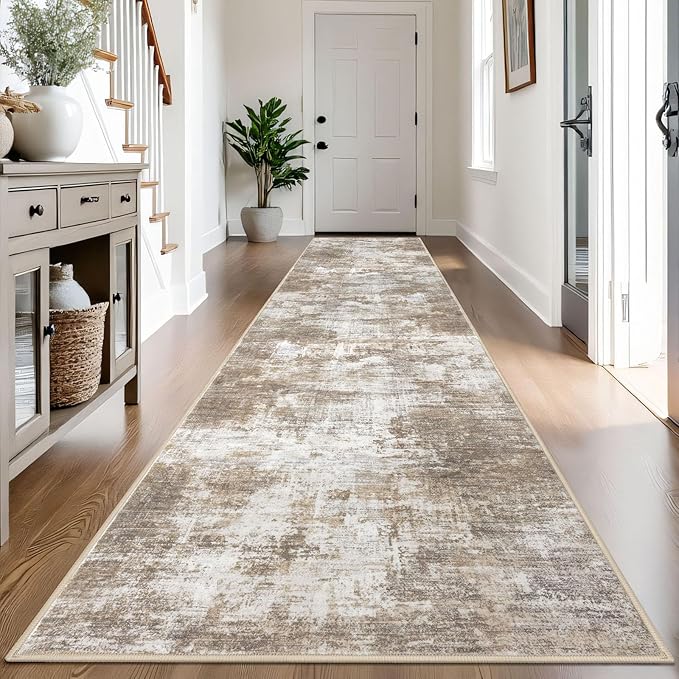 IOHOUZE Abstract Runner Rug 3x14 Ft Washable Runners for Hallways, Non Slip Kitchen Runner Printed Faux Wool Entryway Runner Indoor, Modern Abstract Floor Carpet for Hall Stair, Beige Brown