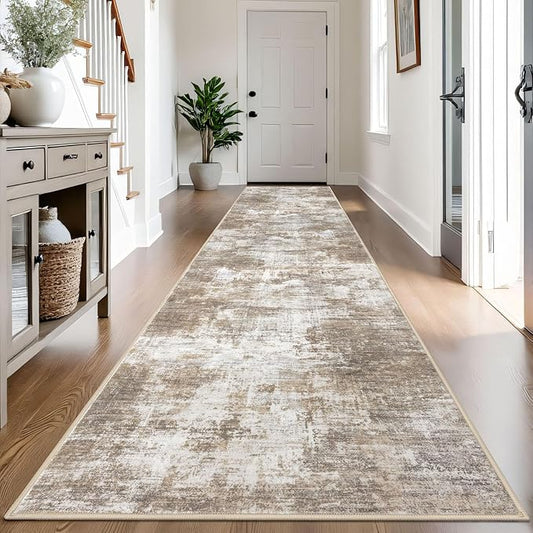 IOHOUZE Abstract Runner Rug 3x14 Ft Washable Runners for Hallways, Non Slip Kitchen Runner Printed Faux Wool Entryway Runner Indoor, Modern Abstract Floor Carpet for Hall Stair, Beige Brown