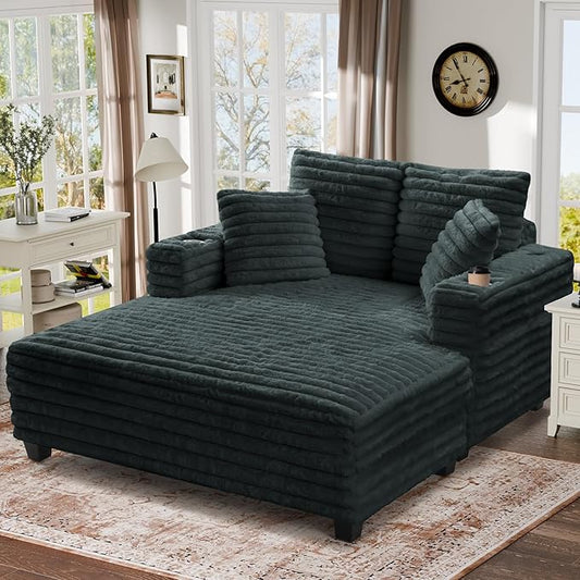 HUSFU 60'' Chaise Lounge Chair Indoor, Oversized Sleeper Sofa, Chaise Lounge Reading Chairs for w/Cup Holder and USB&Type C Port, Fluffy Plush Faux Fur Cloud Sofas Couches for Living Room, Grey Blue