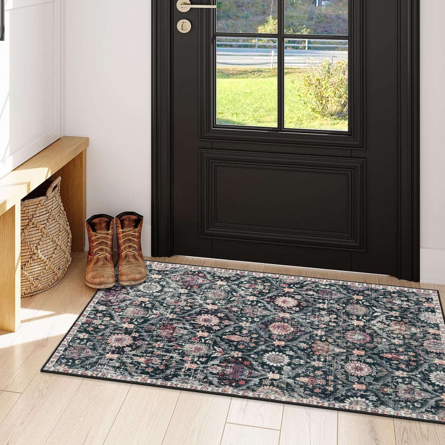 Lahome Kitchen Rugs Non Slip Washable Rugs for Entryway, 2x4 Rug Non-Slip Moroccan Trellis Ultra-Thin Indoor Door Mat Small Carpet for Bathroom Bedroom Entry, Black/Multi