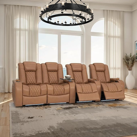 Seatcraft Diamante Zero-Gravity CoolZero Italian Leather Home Theater Seating, Power Headrest, Power Recline, Row of 4 Left Loveseat, Tan Oak