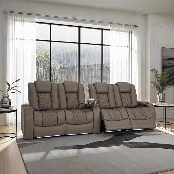 Seatcraft Diamante Zero-Gravity CoolZero Italian Leather Home Theater Seating, Power Headrest, Power Recline, Row of 4 Dual Loveseats, Gray