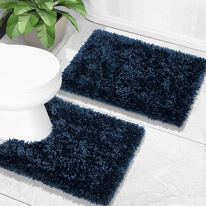 Yimobra Toilet Rugs U Shaped Washable, Extra Thick Soft Absorbent Chenille Contour Bathroom Rugs for Toilet 24x20 Inch, Quick Dry Non Slip Toilet Mat for Bath Floor, Navy Blue