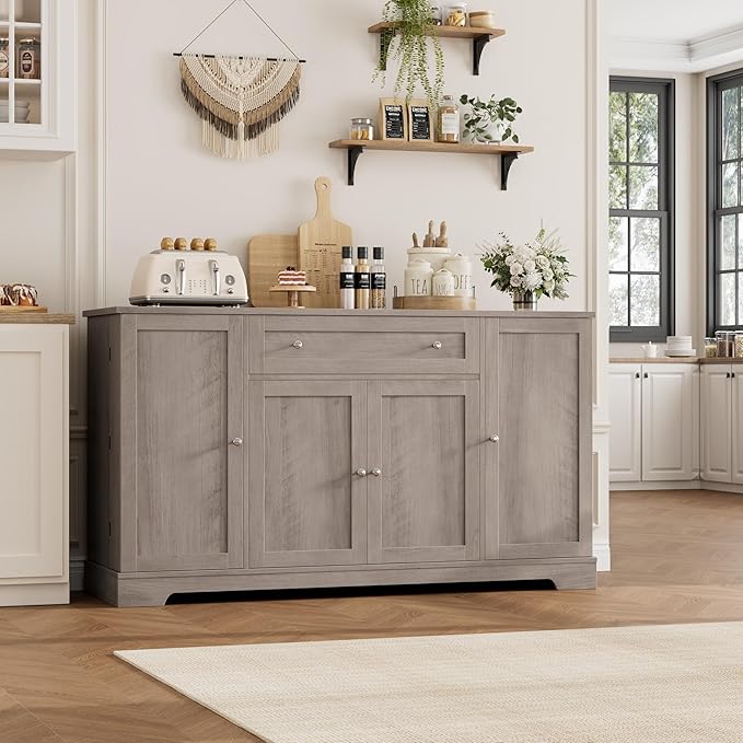 HITHOS 54" Buffet Cabinet with Storage, Modern Kitchen Buffet Sideboard with Drawer, Wood Coffee Bar Station with Adjustable Shelves, Kitchen Storage Cabinet for Living Room, Ash Grey