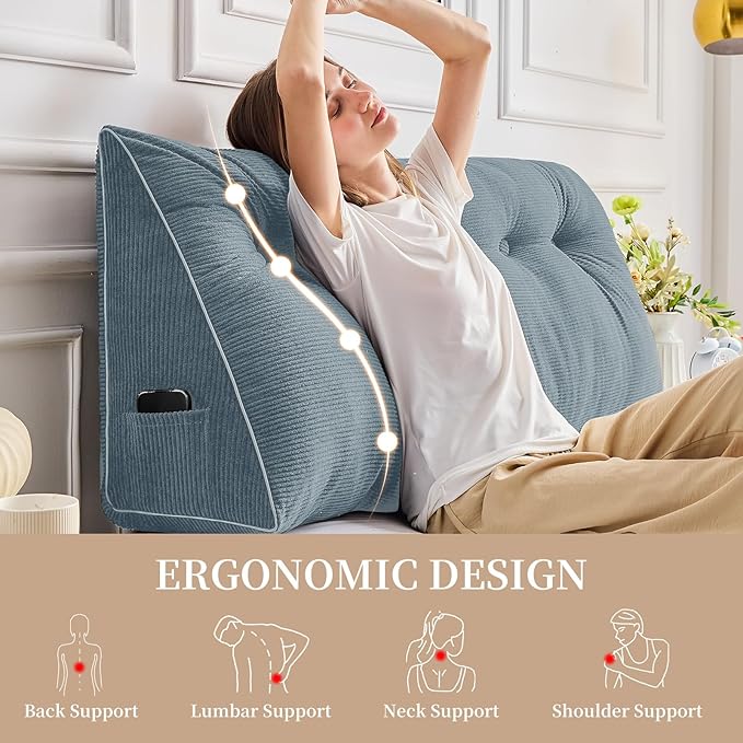 Sasttie Headboard Pillow King, Wedge Pillow Headboard for Sitting Up in Bed, Back-Rest Support Triangular Cushion for Reading - Features Removable Washable Cover, Greyish Blue