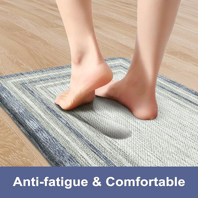 KIMODE Anti Fatigue Kitchen Mats, 17.3" x 29" Farmhouse Kitchen Rugs, Cushioned, Non-Slip Waterproof Comfort Thick Kitchen Floor Standing Mat for Corner Sink, Laundry Floor, Blue and Gray