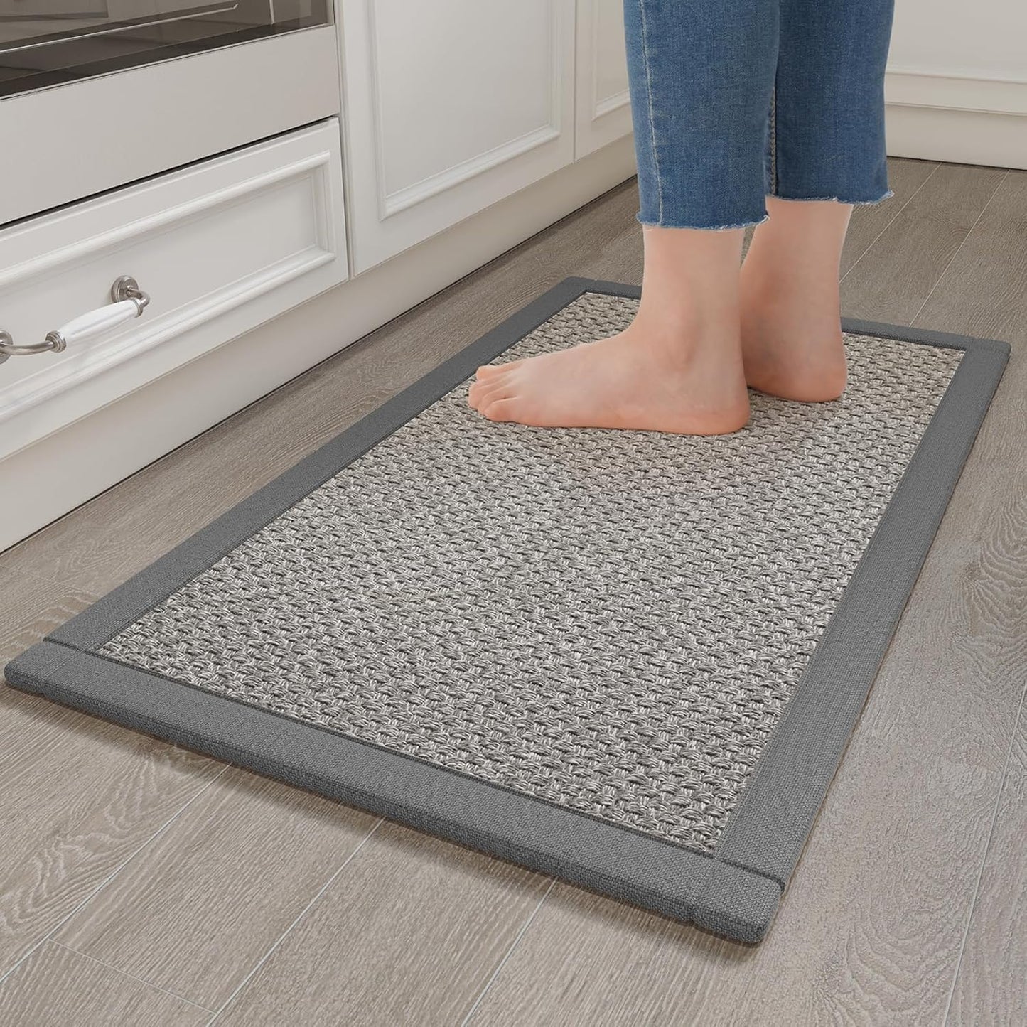 Anti Fatigue Kitchen Mats for Floor, 0.4" Thick Soft Cushioned Super Absorbent Kitchen Rugs Non Slip Washable Jute-Like Woven Sink Mat Standing Mat for Kitchen, Laundry, Easy Care, Gray 17"x30"