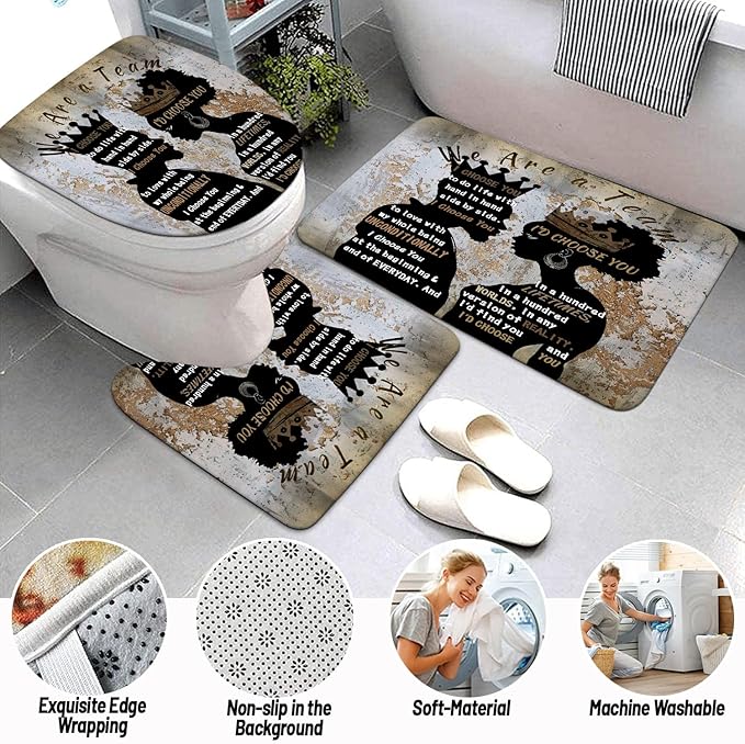 4Pcs Black Man Women Shower Curtain Set with Rugs Toilet Lid Cover Bath Mat, Romantic Couples Bathroom Decor Sets with Shower Curtain and Hooks, Waterproof Fabric King Queen Sets