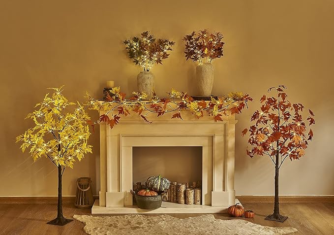 LITBLOOM Lighted Fall Garland with Timer 6FT 24 Warm White LED, Maple Leaf Vine with Lights Battery Operated for Mantle Fireplace Autumn Thanksgiving Harvest Decoration Indoor Outdoor