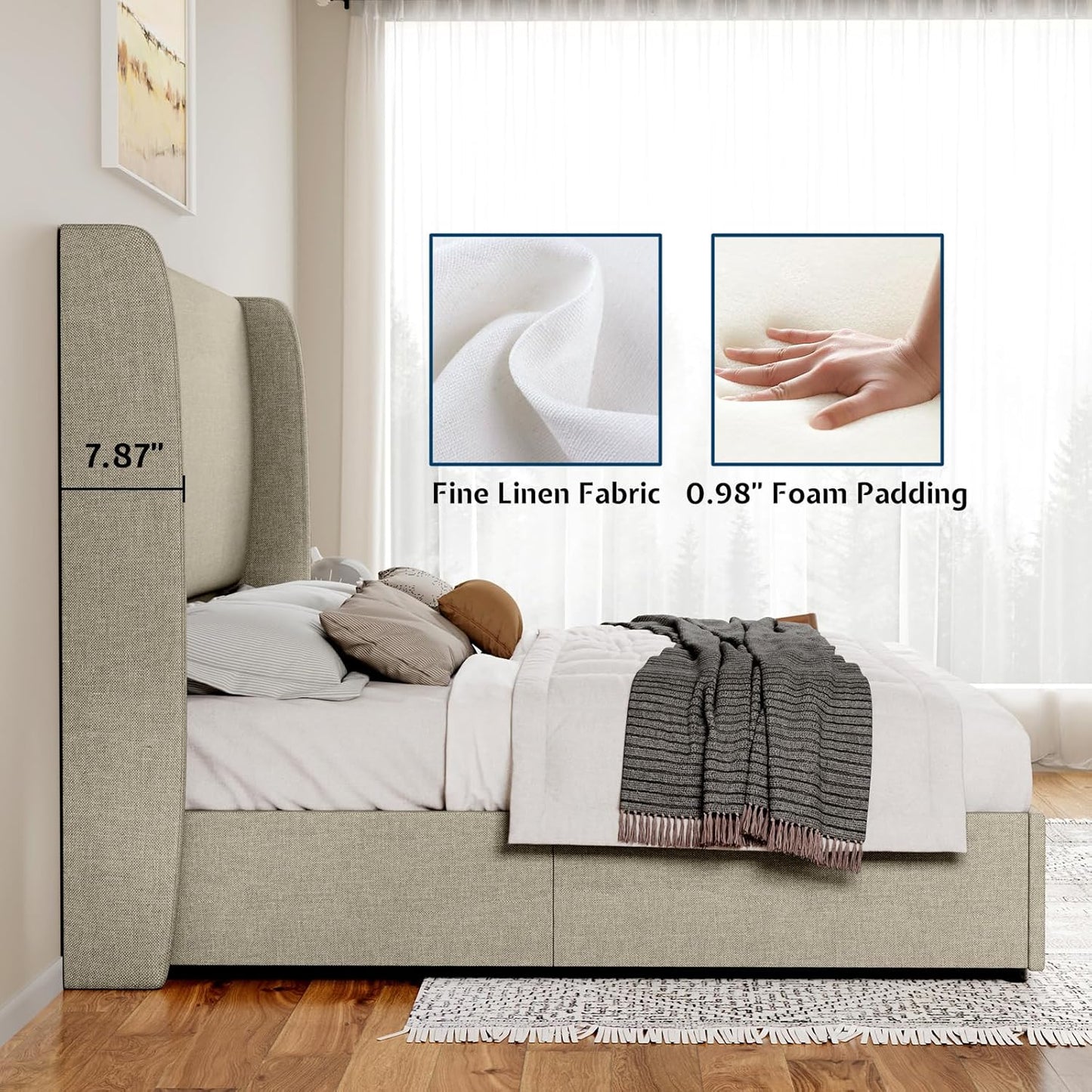 Jocisland Queen Size Bed Frame Lift Up Storage Bed Linen Upholstered Bed Frame with Hydraulic Storage/Wingback Headboard/No Box Spring Needed/Khaki