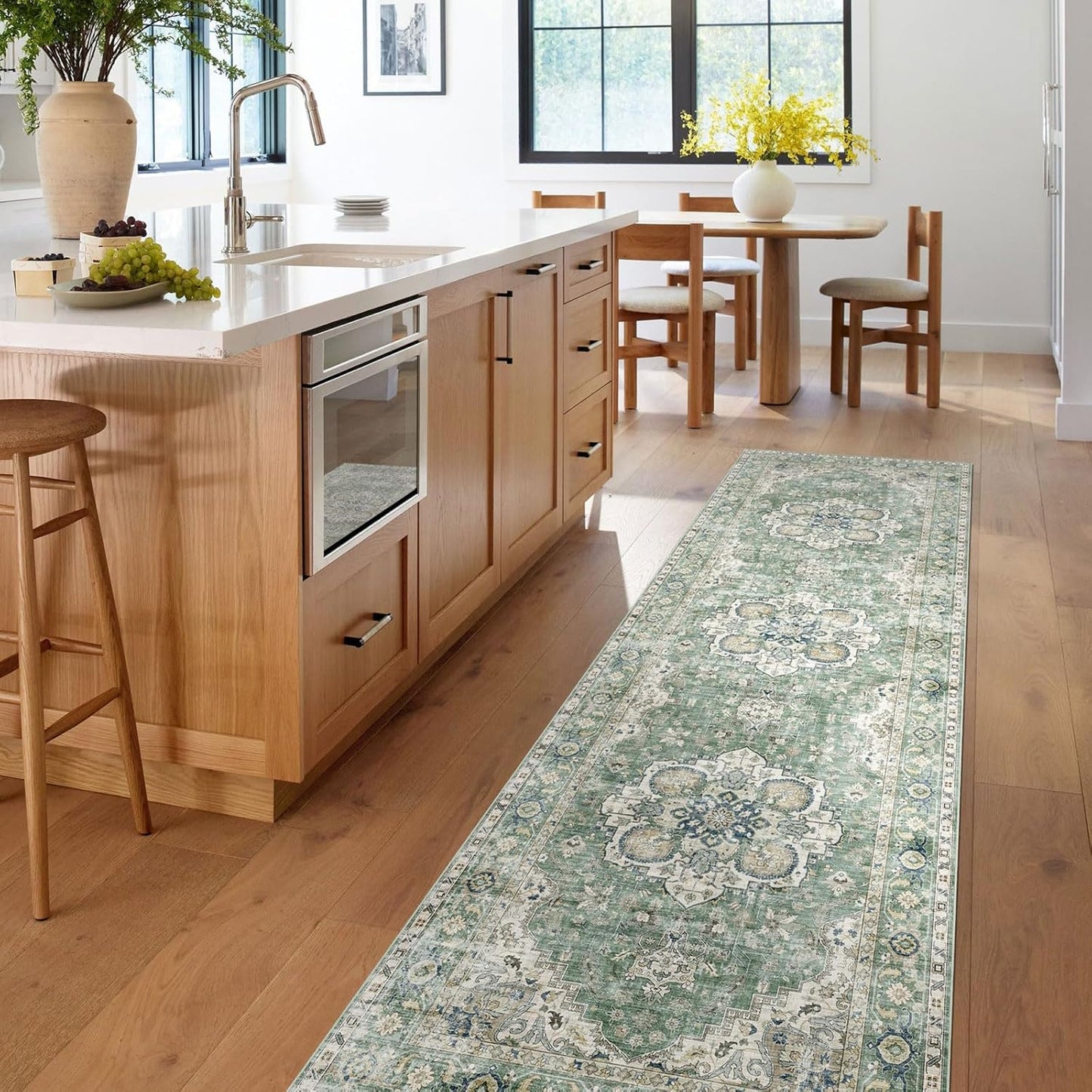 Runner Rugs for Hallway 2.5x10ft - Long Non-Slip Sage Green Washable Boho Runner Rug Low Pile Stain Resistant Soft Vintage Oriental Carpet for Kitchen Living Room Indoor Entryway Bedroom