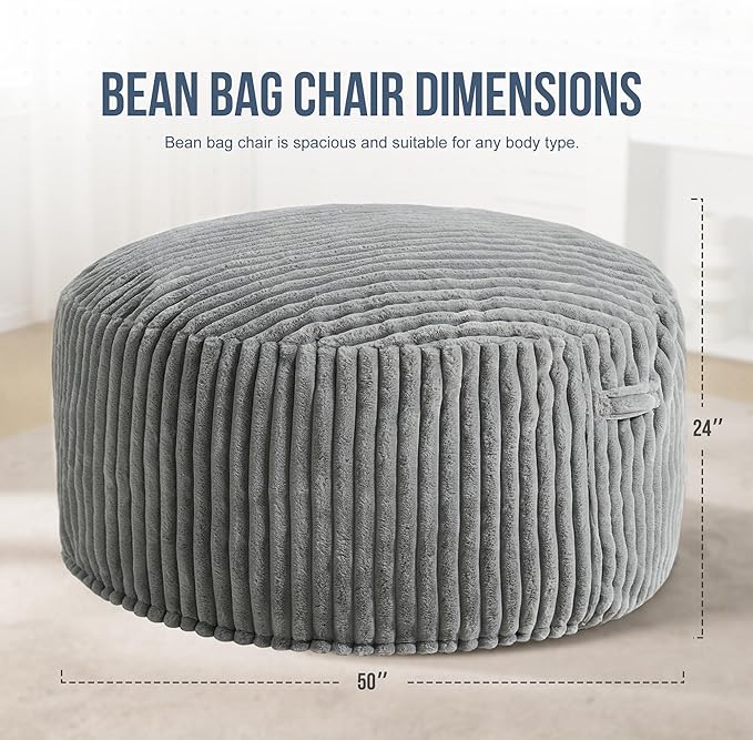 Hobestluk 5ft Bean Bag Chairs for Adults Large Beanbag Chair with Stripe Plush Cover Big Bean Bag Chair for Living Room Bedroom Dorm Office -Grey (50” x 50” x 24”)