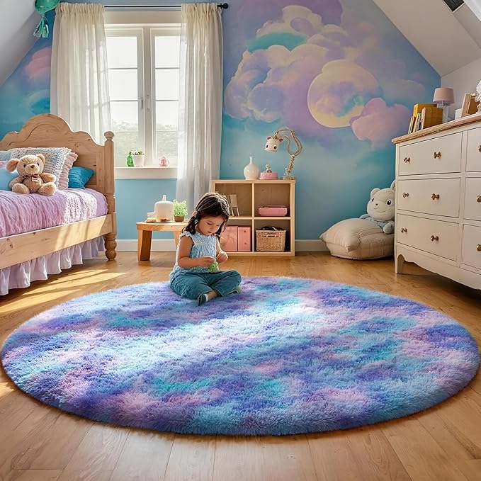 Ophanie Round Rugs 6Ft Tie-Dye Rainbow Purple Circle Area Rug, Fluffy Fuzzy Bedroom Carpet, Plush Soft Shaggy Indoor Floor Colorful Living Room Rugs for Kids Home Decor Aesthetic, Nursery