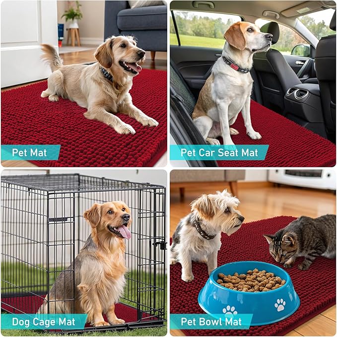 OLANLY Dog Door Mat for Muddy Paws 36x24, Absorbs Moisture and Dirt, Absorbent Non-Slip Washable Doormat, Quick Dry Chenille Mud Mat for Dogs, Entry Indoor Entryway Carpet for Inside Floor, Red