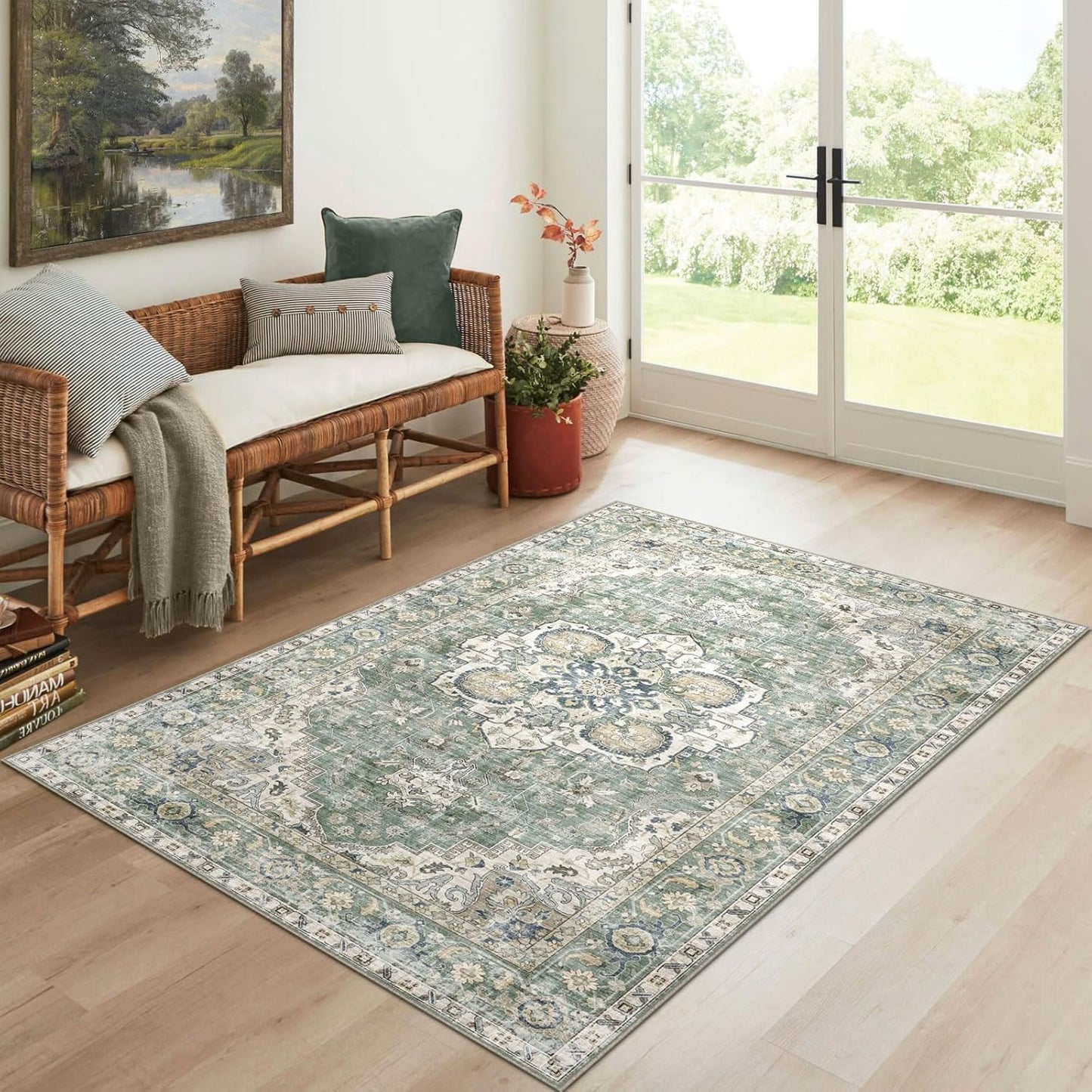 3x5 Washable Area Rug - Small Entryway Rug Non-Slip Sage Green Vintage Oriental Kitchen Rugs Low Pile Boho Carpet Throw Rugs for Living Room Bedroom Bathroom Entrance Dorm Office Home Decor