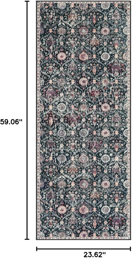 Lahome Moroccan Trellis Kitchen Runner, 2x5 Rug Runners for Hallways Non Slip Laundry Room Rug, Ultra-Thin Washable Vintage Carpet for Bedroom Bathroom, Black/Multi