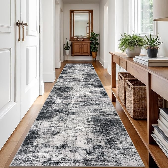 IOHOUZE Abstract Runner Rug 3x12 Ft Washable Runners for Hallways, Non Slip Kitchen Runner Printed Faux Wool Entryway Runner Indoor, Modern Abstract Floor Carpet for Hall Kitchen, Black Grey
