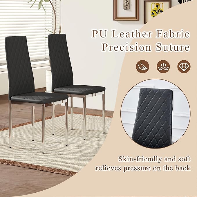 JT Modern Minimalist Dining Chair Fireproof Leather Sprayed Metal Pipe Diamond Grid Pattern Restaurant Home Conference Chair Set of 4 Or 6 (4, Black-Silver)