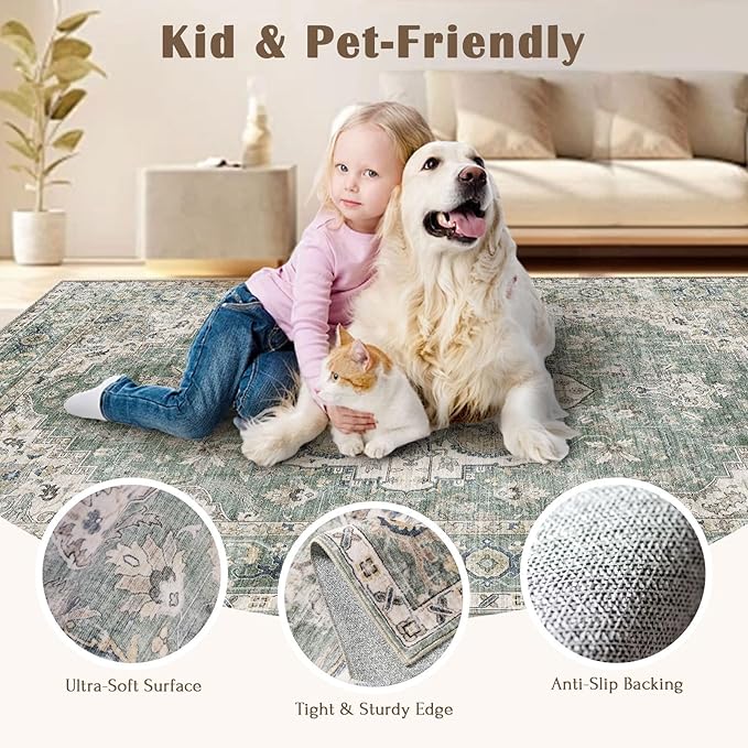 2x3 Rugs for Entryway - Washable Doormat Ultra-Thin Sage Green Oriental Non-Slip Kitchen Rugs Boho Tribal Low-Pile Floor Carpet Vintage Throw Rug for for Indoor Front Entrance Bathroom