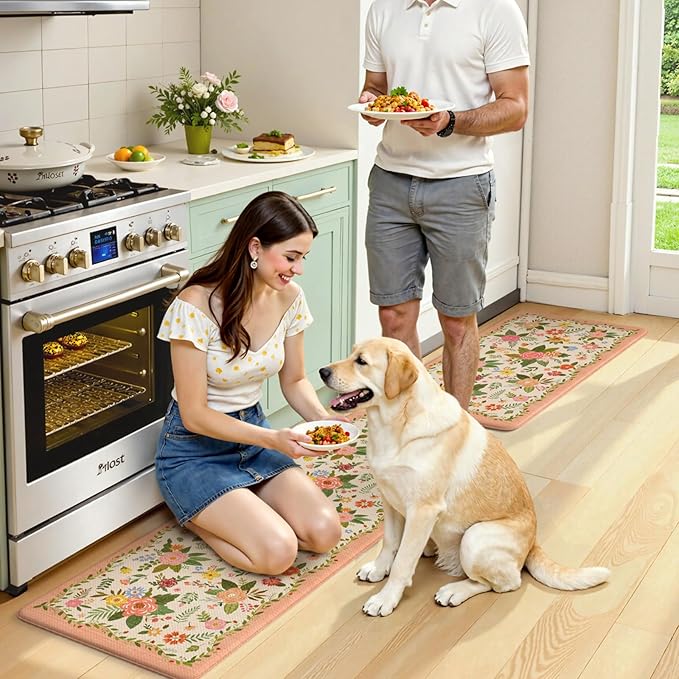 KIMODE Anti Fatigue Kitchen Mats, Padded Kitchen Floor Mats 17"x47"+17"x29", Farmhouse Kitchen Rugs Sets of 2, Pink Rugs for Kitchen Floor, Cushioned Standing Mat for Laundry Office Sink Desk