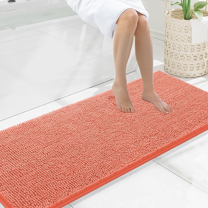 Smiry Luxury Chenille Bathroom Rugs 59x20, Extra Soft and Absorbent Shaggy Bath Mat, Machine Washable, Non-Slip Plush Carpet Runner for Tub, Shower, and Floor, Home Decor Accessories, Coral